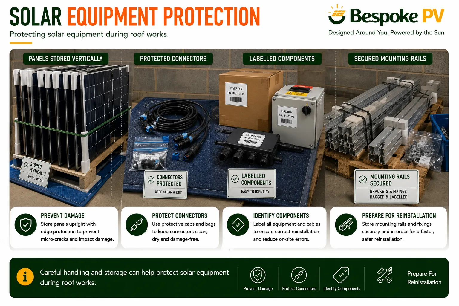 Solar panels and mounting equipment safely stored and protected during roof works