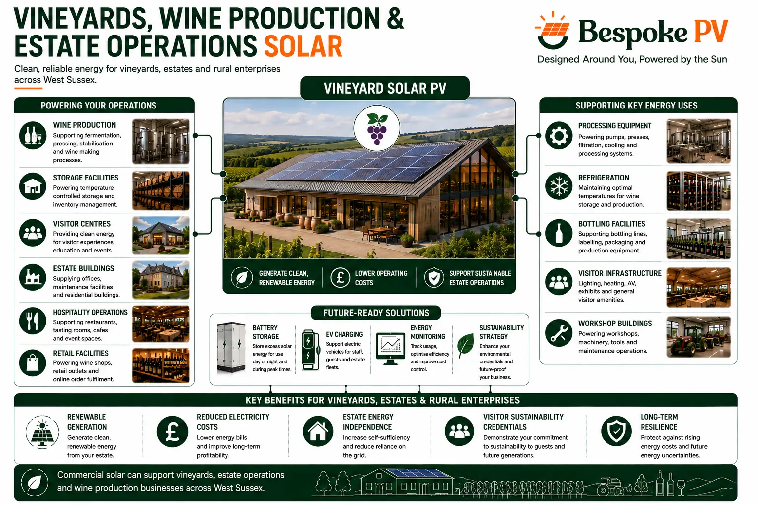 Commercial solar supporting vineyards, wine production facilities and rural estates in West Sussex