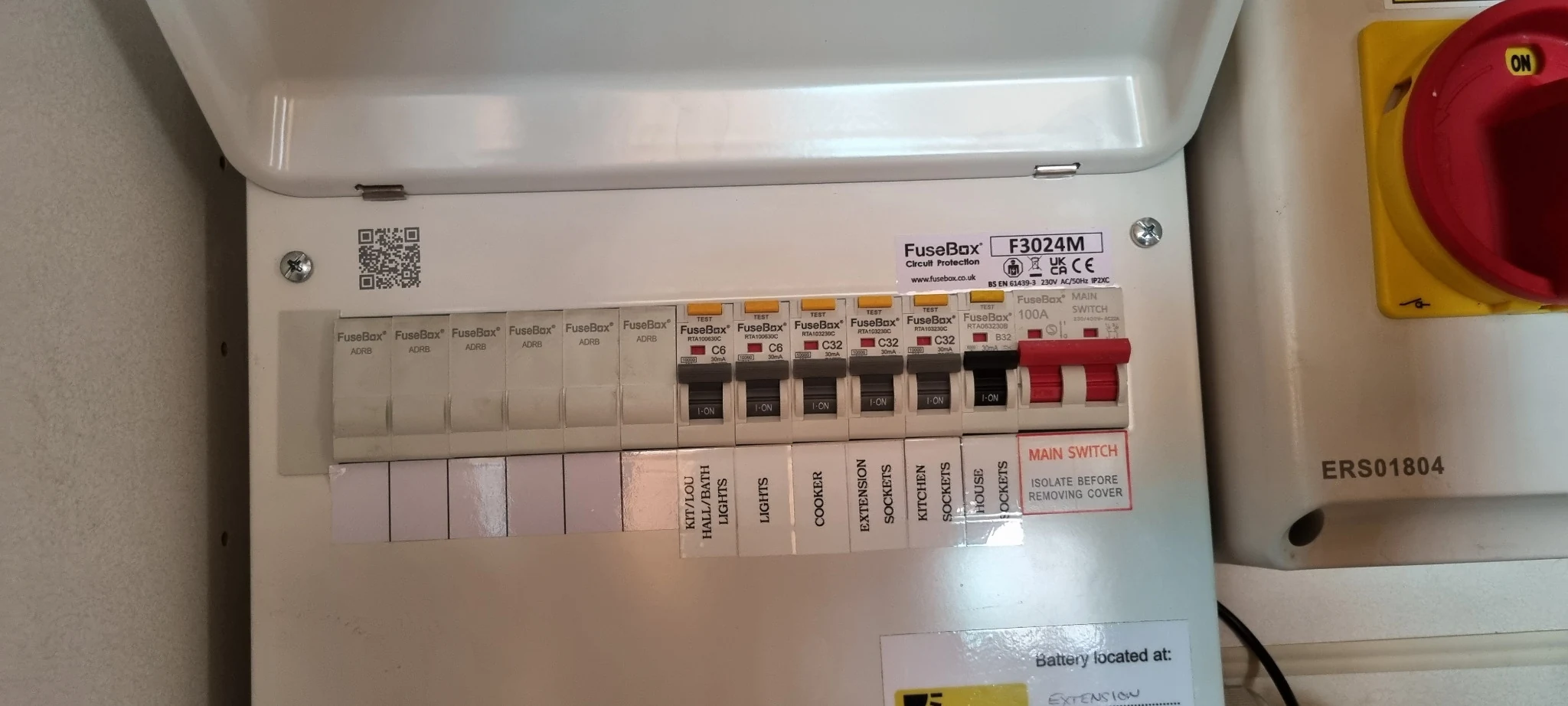 Clearly labelled upgraded consumer unit forming part of the completed solar and battery installation