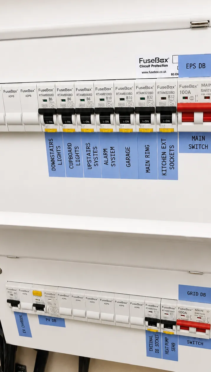 Double row FuseBox consumer unit separating EPS backed-up and grid-only circuits