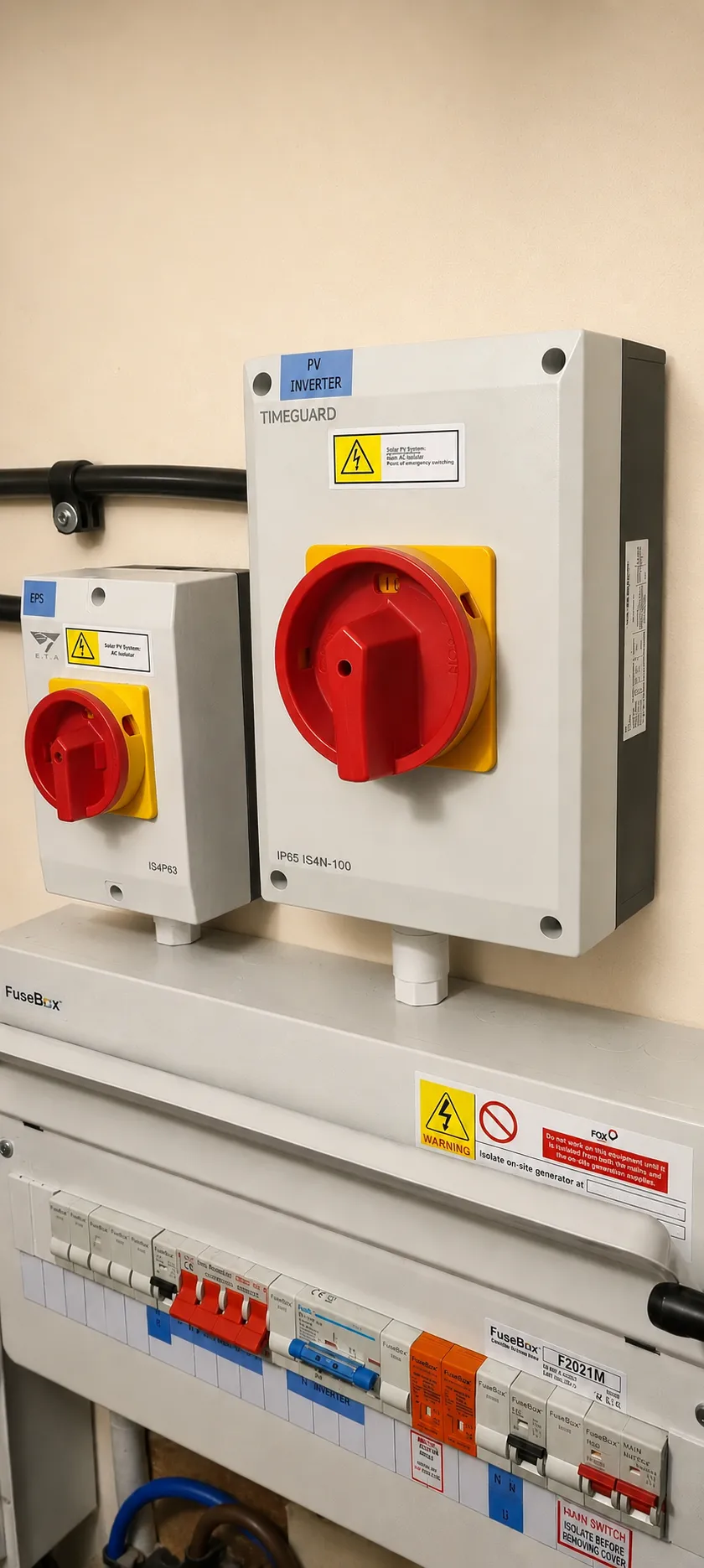 Existing consumer unit updated containing the main incoming grid feed, incoming inverter connection, and the changeover switch allowing the EPS board to be fed through the inverter EPS function or directly from the grid.