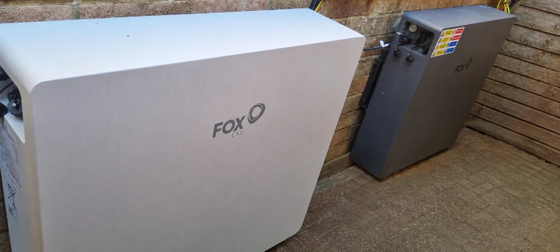 Fox ESS EP11 and EP12 batteries installed externally on the garage wall in Cowplain