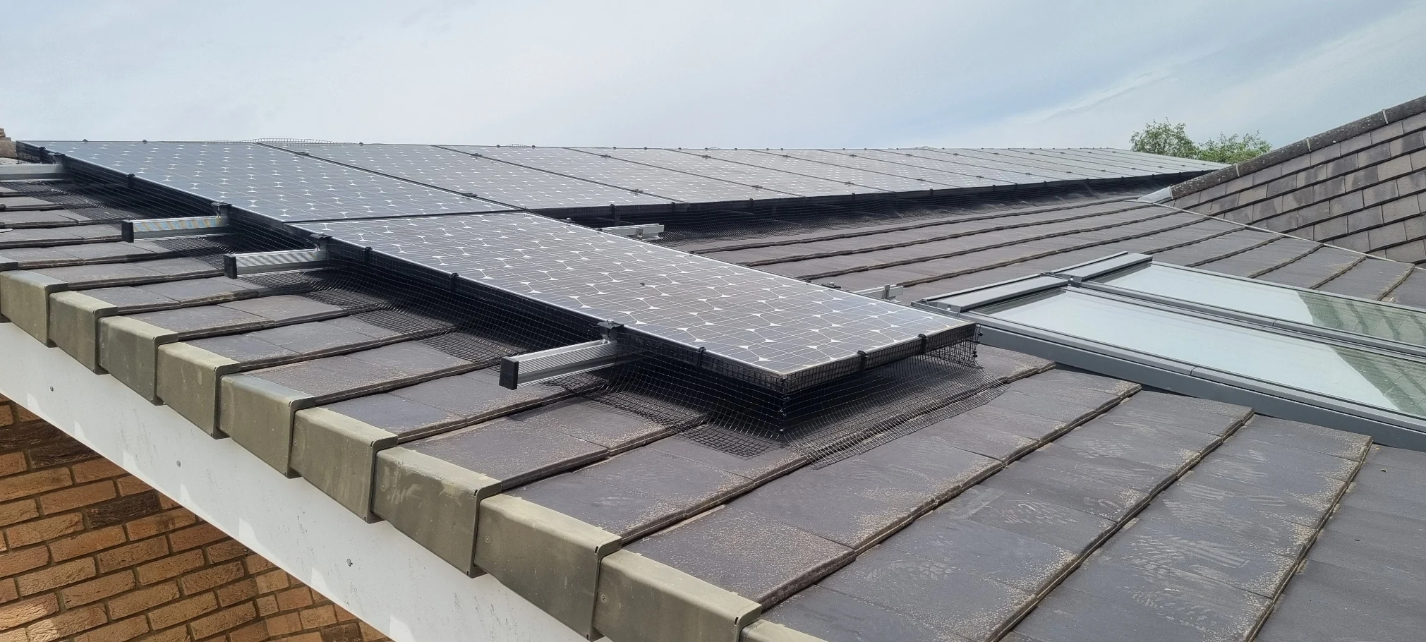 Existing solar panels reinstalled on an on-roof mounting system with bird protection mesh after roof repairs