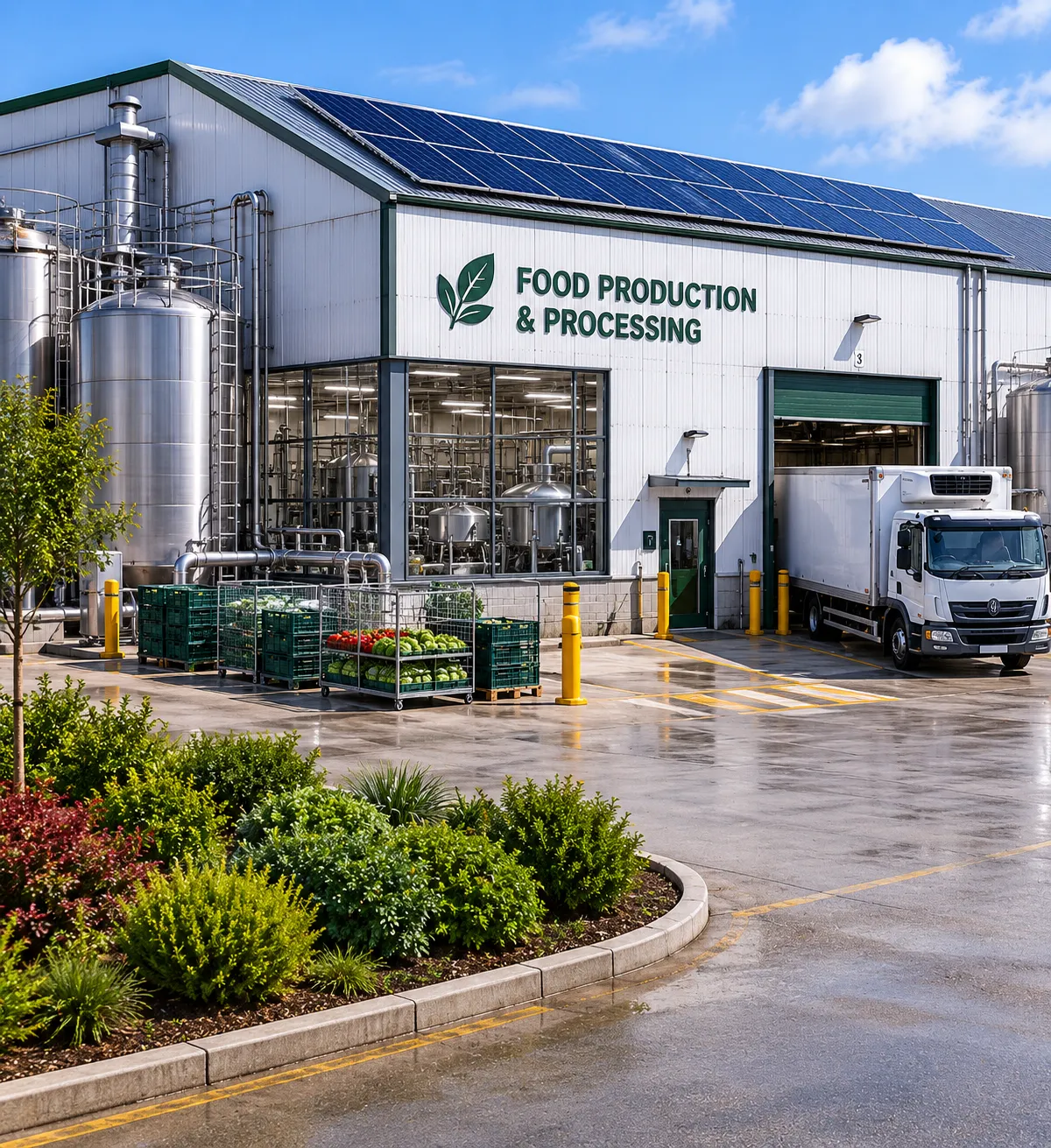 Food production and processing facility suitable for commercial battery storage