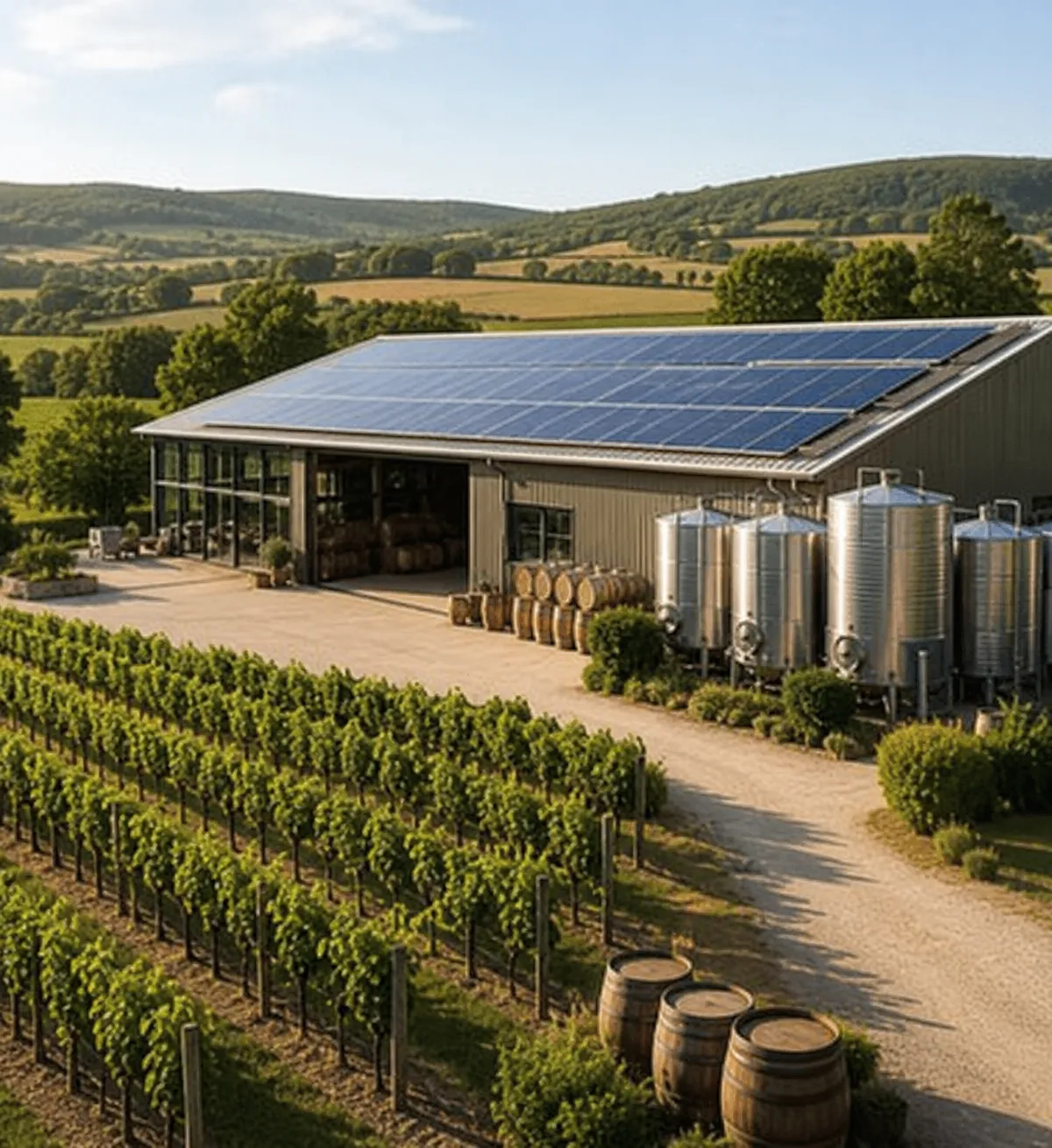 Vineyard and wine production facility with commercial solar